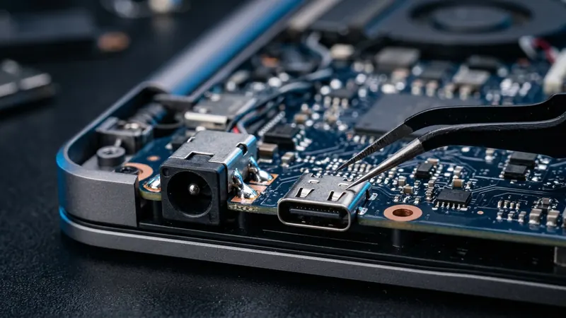Laptop tápcsatlakozó (DC-jack) és USB-C aljzat közelről