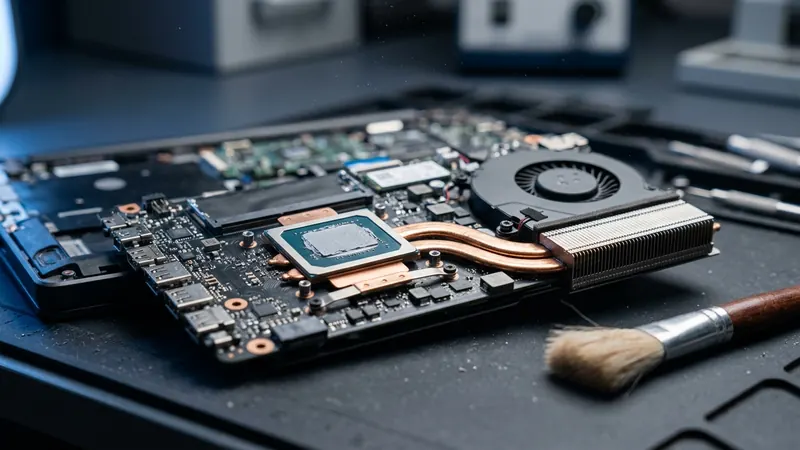 Laptop hűtőventilátor és hűtőborda tisztítás közben, friss hővezető paszta a processzoron